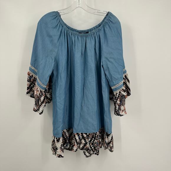 Ali Miles Womens Pullover Top Size M Blue Boho Peasant Southwestern Bell Sleeve - Picture 1 of 8